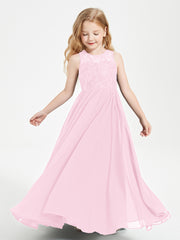Robes Longues de Demoiselle d'Honneur Junior Haut en Dentelle Illusion Rose Bonbon