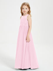 Robes Longues de Demoiselle d'Honneur Junior Haut en Dentelle Illusion Rose Bonbon