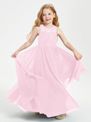Robes Longues de Demoiselle d'Honneur Junior Haut en Dentelle Illusion Rose Bonbon