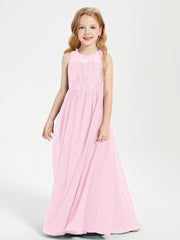 Robes Longues de Demoiselle d'Honneur Junior Haut en Dentelle Illusion Rose Bonbon