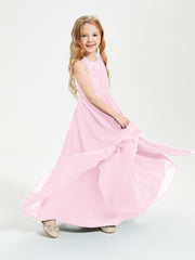 Robes Longues de Demoiselle d'Honneur Junior Haut en Dentelle Illusion Rose Bonbon