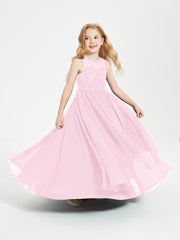 Robes Longues de Demoiselle d'Honneur Junior Haut en Dentelle Illusion Rose Bonbon