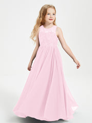 Robes Longues de Demoiselle d'Honneur Junior Haut en Dentelle Illusion Rose Bonbon