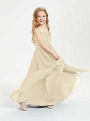 Robes Longues de Demoiselle d'Honneur Junior Haut en Dentelle Illusion Champagne