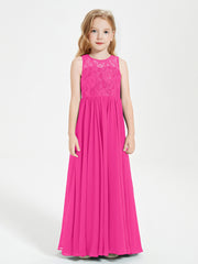 Robes Longues de Demoiselle d'Honneur Junior Haut en Dentelle Illusion Fuchsia
