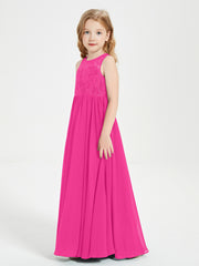 Robes Longues de Demoiselle d'Honneur Junior Haut en Dentelle Illusion Fuchsia