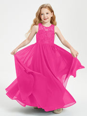 Robes Longues de Demoiselle d'Honneur Junior Haut en Dentelle Illusion Fuchsia