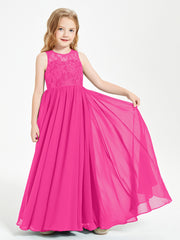 Robes Longues de Demoiselle d'Honneur Junior Haut en Dentelle Illusion Fuchsia