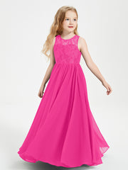 Robes Longues de Demoiselle d'Honneur Junior Haut en Dentelle Illusion Fuchsia