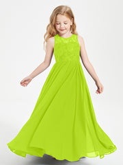 Robes Longues de Demoiselle d'Honneur Junior Haut en Dentelle Illusion Vert Citron