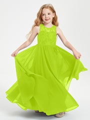Robes Longues de Demoiselle d'Honneur Junior Haut en Dentelle Illusion Vert Citron