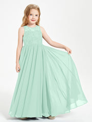 Robes Longues de Demoiselle d'Honneur Junior Haut en Dentelle Illusion Vert Menthe