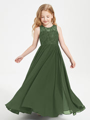 Robes Longues de Demoiselle d'Honneur Junior Haut en Dentelle Illusion Olive Verte