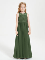 Robes Longues de Demoiselle d'Honneur Junior Haut en Dentelle Illusion Olive Verte
