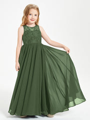 Robes Longues de Demoiselle d'Honneur Junior Haut en Dentelle Illusion Olive Verte