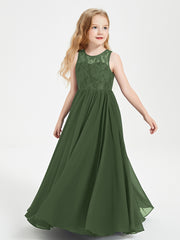 Robes Longues de Demoiselle d'Honneur Junior Haut en Dentelle Illusion Olive Verte