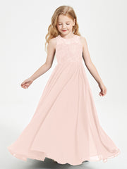 Robes Longues de Demoiselle d'Honneur Junior Haut en Dentelle Illusion Rose Perle