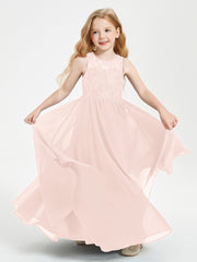 Robes Longues de Demoiselle d'Honneur Junior Haut en Dentelle Illusion Rose Perle