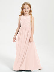 Robes Longues de Demoiselle d'Honneur Junior Haut en Dentelle Illusion Rose Perle