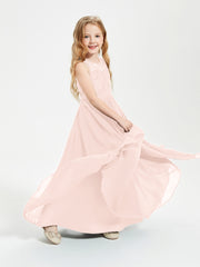 Robes Longues de Demoiselle d'Honneur Junior Haut en Dentelle Illusion Rose Perle