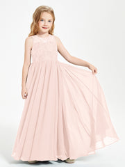 Robes Longues de Demoiselle d'Honneur Junior Haut en Dentelle Illusion Rose Perle