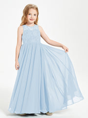Robes Longues de Demoiselle d'Honneur Junior Haut en Dentelle Illusion Bleu Ciel