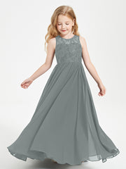 Robes Longues de Demoiselle d'Honneur Junior Haut en Dentelle Illusion Gris Acier