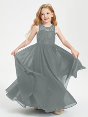 Robes Longues de Demoiselle d'Honneur Junior Haut en Dentelle Illusion Gris Acier