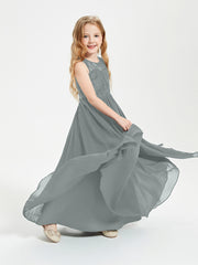 Robes Longues de Demoiselle d'Honneur Junior Haut en Dentelle Illusion Gris Acier
