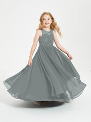 Robes Longues de Demoiselle d'Honneur Junior Haut en Dentelle Illusion Gris Acier