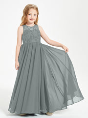 Robes Longues de Demoiselle d'Honneur Junior Haut en Dentelle Illusion Gris Acier