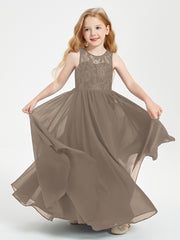 Robes Longues de Demoiselle d'Honneur Junior Haut en Dentelle Illusion Taupe