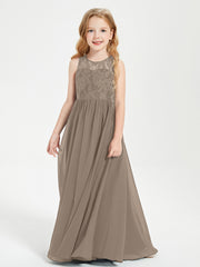 Robes Longues de Demoiselle d'Honneur Junior Haut en Dentelle Illusion Taupe