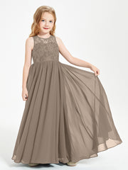 Robes Longues de Demoiselle d'Honneur Junior Haut en Dentelle Illusion Taupe