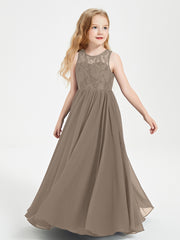 Robes Longues de Demoiselle d'Honneur Junior Haut en Dentelle Illusion Taupe