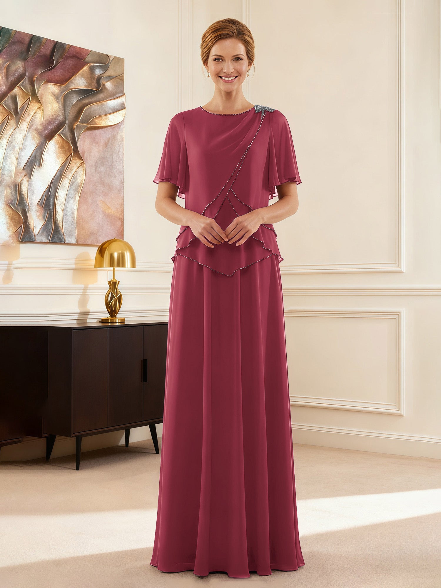 BABARONI Mousseline Cannelle Rose Robes De Mère De La Mariée A-ligne ...