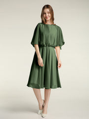 Scoop Col Flotter Manches Court Mousseline Robes Olive Verte