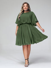 Scoop Col Flotter Manches Court Mousseline Robes Olive Verte Grande Taille