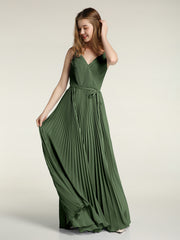 Col En V Complète Plissé Jupe Robes Avec Nœud Ceinture Olive Verte Grande Taille