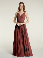 Col En V Complète Plissé Jupe Robes Avec Nœud Ceinture terracotta