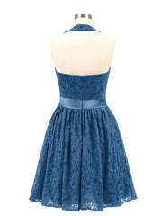 Licou Col en V Dentelle Robe avec Satin Ceinture Bleu Encre