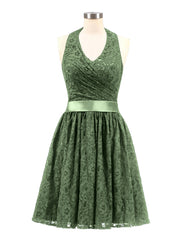 Licou Col en V Dentelle Robe avec Satin Ceinture Olive Verte
