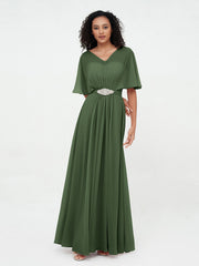 Robes Longues en Mousseline à Col en Cœur Illusion Olive Verte Grande Taille