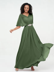 Robes Longues en Mousseline à Col en Cœur Illusion Olive Verte Grande Taille