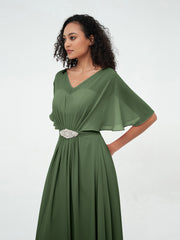 Robes Longues en Mousseline à Col en Cœur Illusion Olive Verte Grande Taille