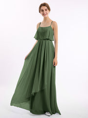 Spaghetti Bretelle Mousseline Robe Avec Cascade Jupe Olive Verte Grande Taille