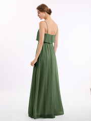 Spaghetti Bretelle Mousseline Robe Avec Cascade Jupe Olive Verte Grande Taille