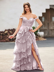 Robe de bal à épaules Dénudées en Couches Avec Fente Bleu Marine