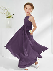Robes de Demoiselle d'Honneur Junior à Encolure Bateau avec Ceinture Plum