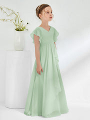 Robes de Demoiselle d'Honneur Junior à Col en V avec Manches Flottantes Sauge Poudrée